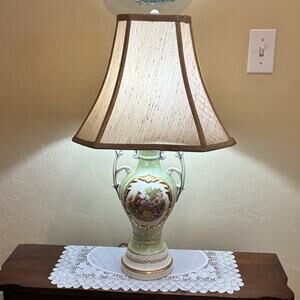 Vintage Lusterware Victorian Couple Motif Iridescent Porcelain Lamp w/ Shade